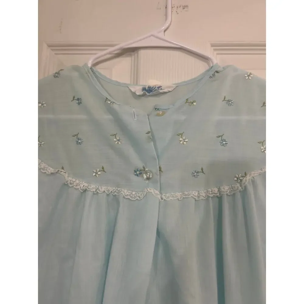 Vintage Katz Light Blue Embroidered Long Nightgown Cottagecore Medium Large